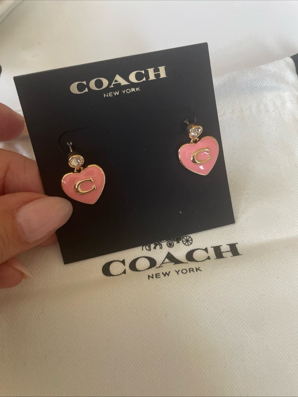 Coach Pink Heart C Logo Drop Earrings with Gold Accents